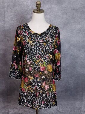 Simply Couture Luxe Floral Lace Tunic with Ornate Soutache Embroidery Size M